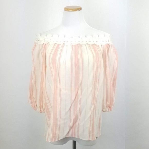 Max Studio Pink Cream Striped Off Shoulder Top - Picture 1 of 7